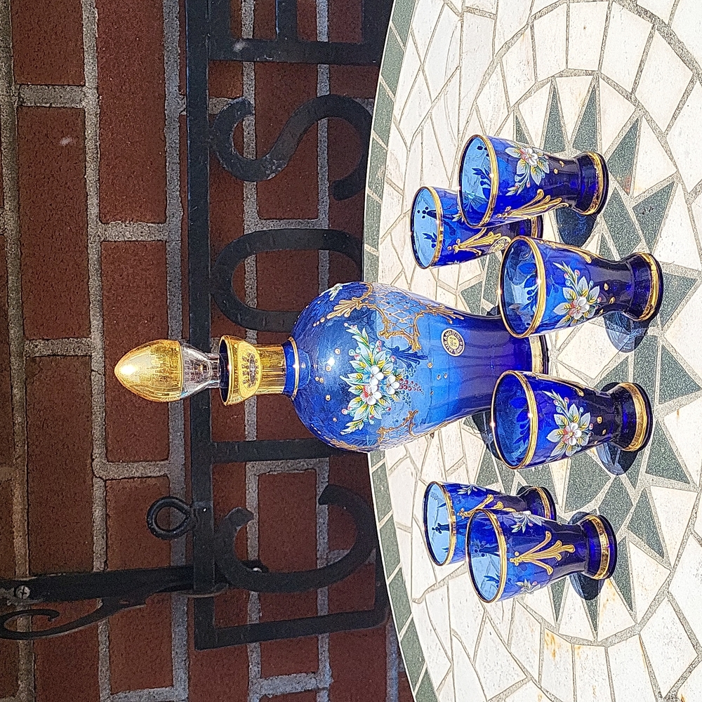 24 k murano glass blue cordial set
